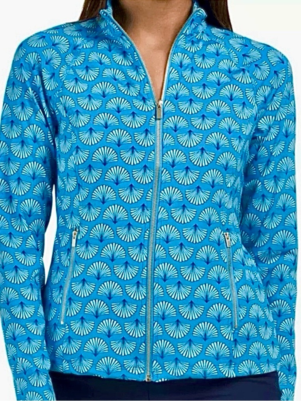 Sigrid Olsen Turquoise Blue Fan-Print Full-Zip Athletic Jacket Size S